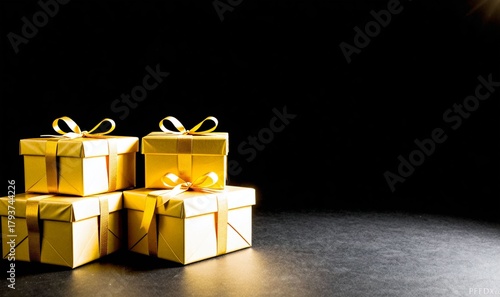 Christmas gifts in golden boxes with golden ribbons on black background