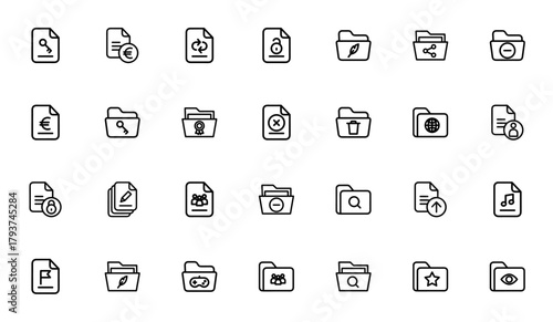 Files and folders icon set. Vector file and folder ions collection. Minimalistlinear icons pack. Include symbols for file, folder,document, directory, storae, data, system and more.