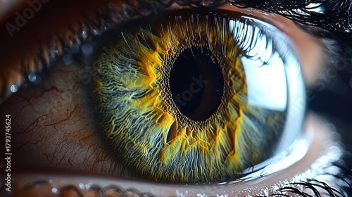 Pupil constriction capture extreme macro closeup human eye golden amber iris intricate fiber patterns dark constricted pupil eyelashes moisture droplets