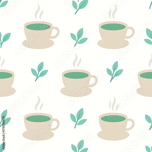 Minimalist seamless pattern with green tea cups and leaves.