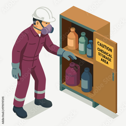 Worker in safety gear checks chemical storage cabinet, ensuring workplace safety and compliance with hazardous materials regulations
