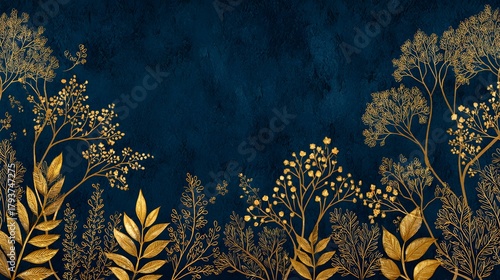 Ornate golden foliage grows against a deeply textured dark blue background emphasizing natural elegance.