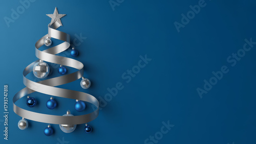 Elegant Christmas tree made of silver ribbon decorated with blue and silver ornaments on a dark blue background with copy space