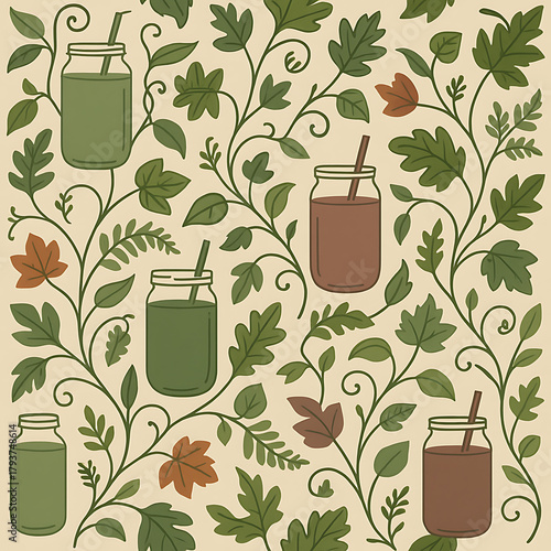 Natural Healthy Smoothies in Jars with Leafy Vines Pattern.