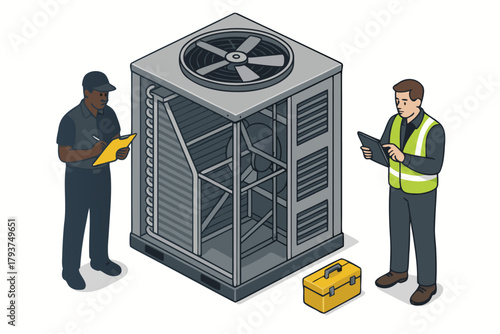 HVAC technicians inspect air conditioning unit, ensuring optimal performance and efficient energy use for home or business systems