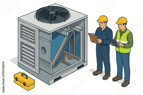 HVAC technicians inspecting a commercial air conditioning unit with clipboard and tablet, maintenance and repair services available