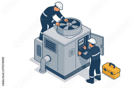 HVAC technicians inspecting large commercial air conditioning unit rooftop, ensuring optimal performance and maintenance, service call