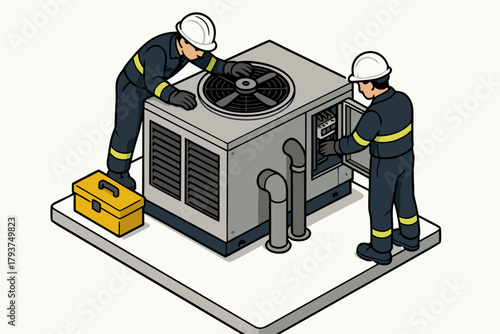 HVAC technicians inspect rooftop cooling system, ensuring efficient operation and quality air, modern design, perfect for maintenance services