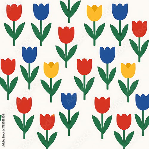 Folk Art Style Colorful Tulip Garden Pattern.