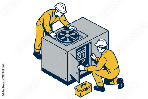 HVAC technicians troubleshoot industrial air conditioning system with toolbox, skilled maintenance workers ensure optimal climate control performance