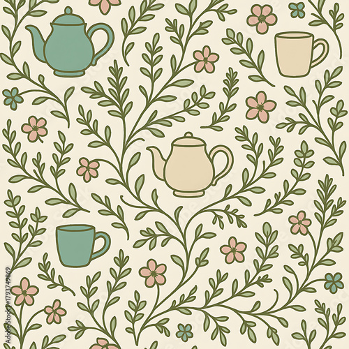 Floral tea party seamless background illustration.