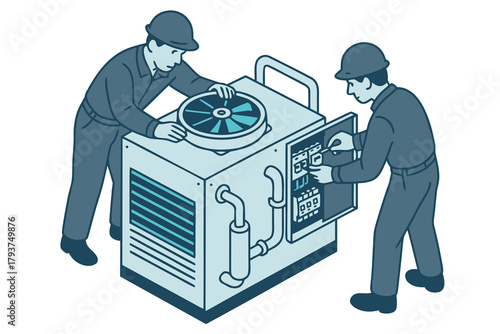 HVAC technicians inspecting industrial air conditioning unit for maintenance, ensuring optimal performance and reliable cooling solutions