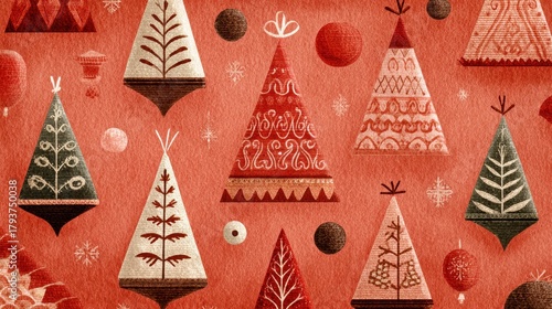 Vintage Christmas Trees Pattern with Warm Holiday Colors and Textures