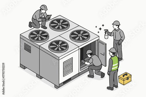 HVAC technicians diligently inspect industrial air conditioning system, ensuring optimal performance and maintenance service