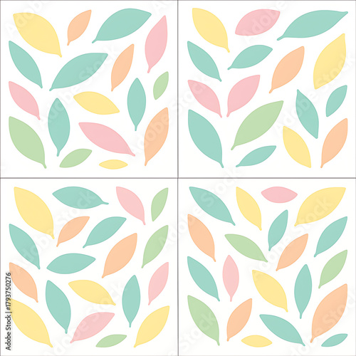 Gentle seamless pattern with colorful pastel leaves on a white background.
