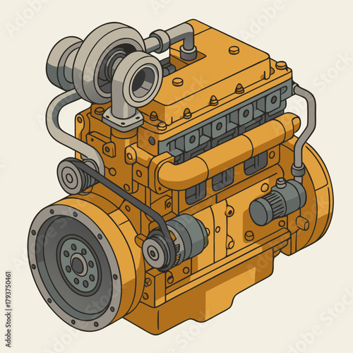 Isometric view of a powerful yellow diesel engine with turbocharger for industrial applications, ready for work
