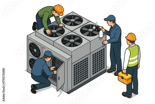 HVAC technicians inspect and clean large rooftop unit, ensuring efficient climate control and preventative maintenance