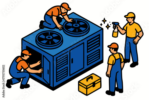HVAC technicians servicing cooling system, inspecting, cleaning, repairing for optimal performance and energy efficiency