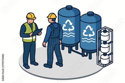 Water purification plant operators discussing filtration process in modern facility for clean sustainable resources usage
