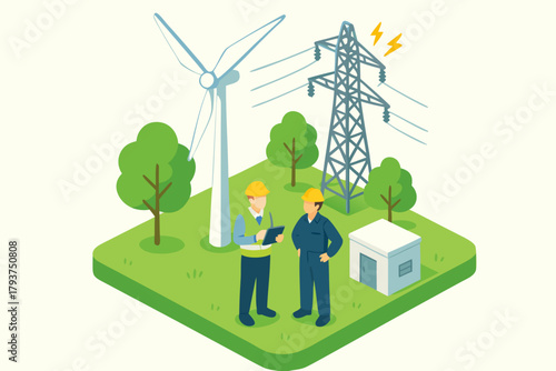 Green energy technicians overseeing wind turbine and power lines for sustainable electricity solutions, a bright modern concept