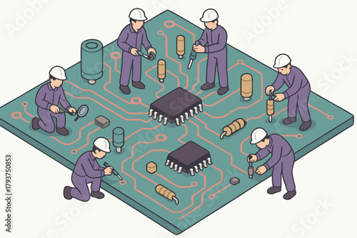 Skilled technicians meticulously assemble intricate electronic components on a circuit board, ensuring precision and quality for advanced technology.