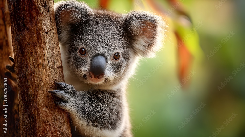 Obraz premium Young marsupial clings tightly to rough bark while peering out from behind a tree trunk