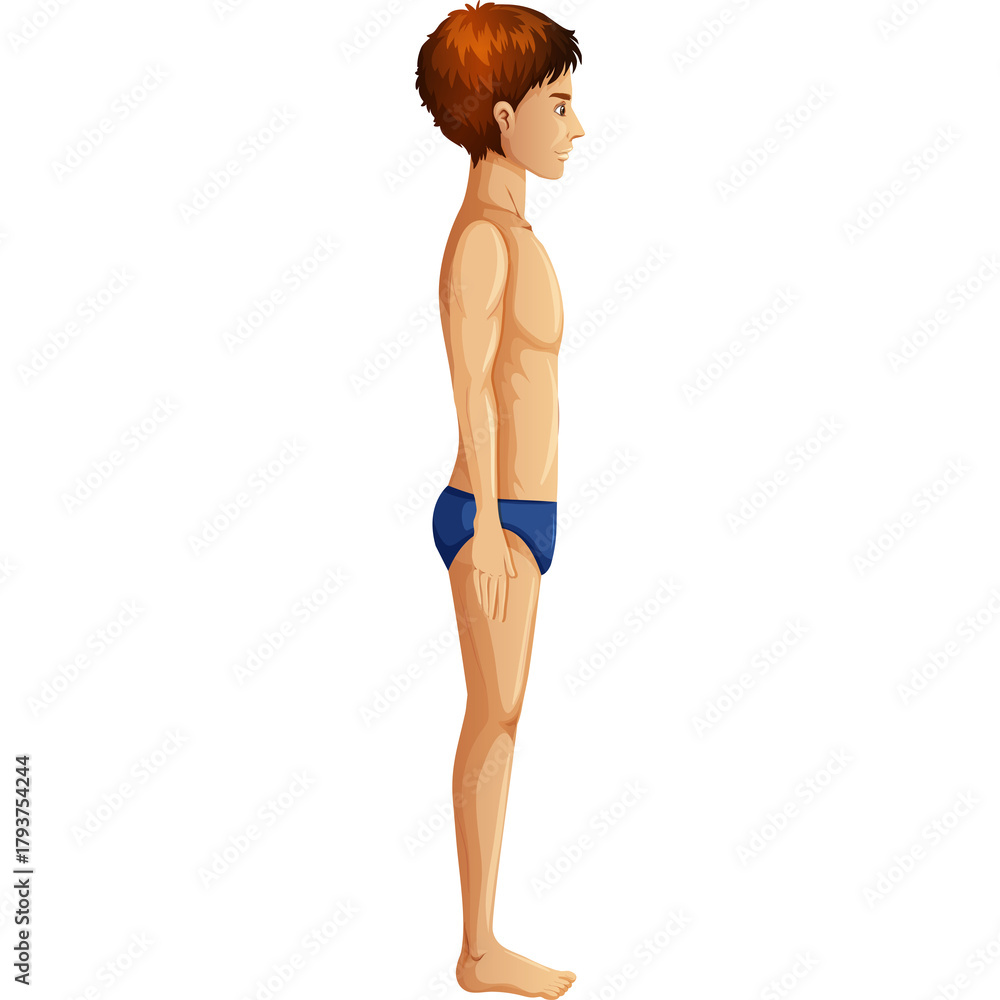 Fototapeta premium Pixel Art Side Profile Full Body of a Young Man Wearing Blue Swim Trunks Against a Transparent White Background with Brown Hair and Fair Skin