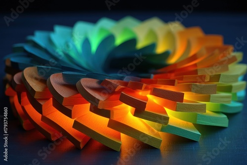 Colorful Wooden Shapes Arranged in Spiraling Pattern with Glow