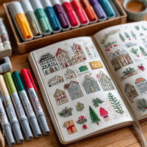 Colorful Art Supplies and Creative Sketchbook with Drawings of Houses