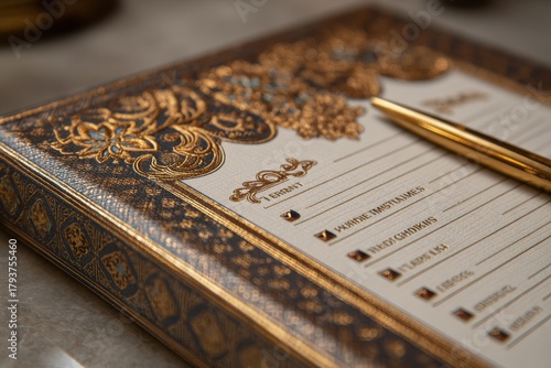 Elegant Detailed Notebook with Gold Accents and Pen on Table