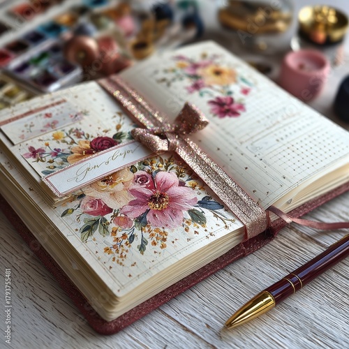 Elegant Floral Journal Layout with Stationery and Art Supplies