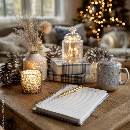 Cozy Winter Mood with Candle, Notebook, and Christmas Decorations