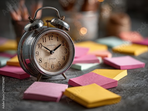 Vintage Alarm Clock on a Desk Surrounded by Colorful Sticky Notes