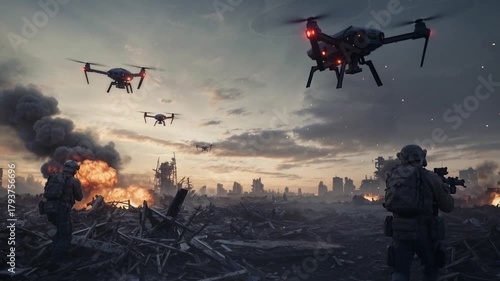 Military drones flying over battlefield with armed soldiers amid explosive fire and destruction depicting modern technological warfare combat operations apocalyptic scenario