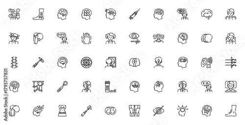 Neurological Disorders icon set. Vector illustration Medical symbols for brain anxiety, schizophrenia, mgraine, epilepsy, bipolar,OCD, pain and more.