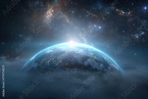 Cosmic Sphere Emerging From Misty Clouds Against a Starry Night Sky Illuminated by Bright Light