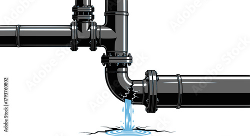 Leaking pipe with flowing water, cartoon illustration isolated on white background. Concept of economical water consumption. Vector illustration, EPS version.