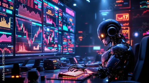 Highspeed trading robots operate amidst vibrant lighting and focused