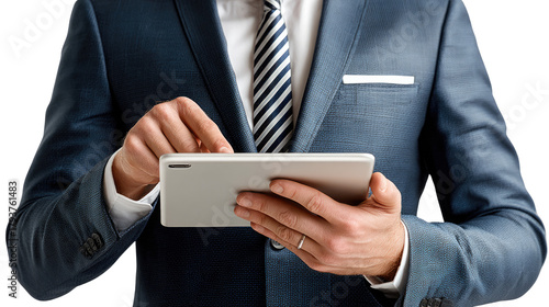 Smart Business Man's Digital Touch: A sharply dressed business professional intently interacts with a tablet device.