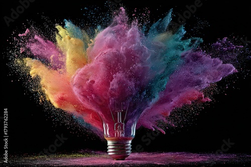 Exploding Colorful Powder Bursting From Lightbulb Against Black Background