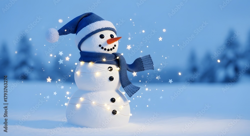 Fototapeta premium Charming Snowman with Festive Lights in Snowy Winter Landscape.