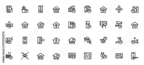 Smarthome icon set. Minimal line vector icons pack. ncludes smartwatch, temperture control, voice recogntion, security camera, cofee maker and more. Editabl stroke.