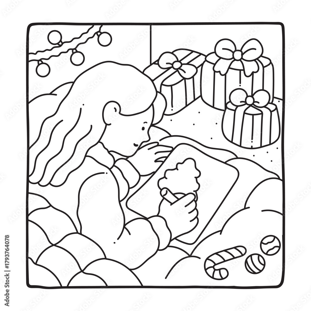 Fototapeta premium Cozy Girl Christmas Coloring Pages, Cozy Girl Christmas Coloring Pages for Kids & Adults, Christmas Coloring Pages, bold & easy cozy winter coloring book pages, vector art, line art 