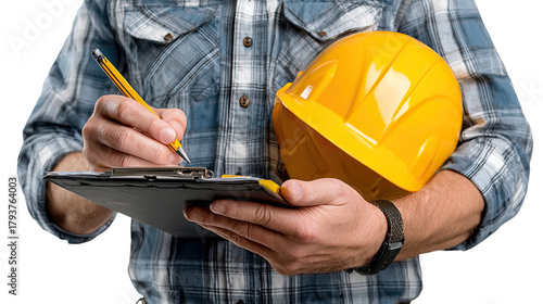 Construction Assessment: A worker, clad in workwear, diligently assesses data, pen in hand, clipboard in focus, with a yellow safety helmet suggesting on the side.