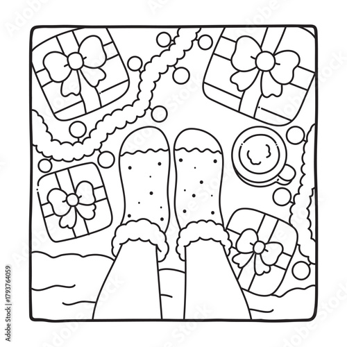 Cozy Girl Christmas Coloring Pages,  Cozy Girl Christmas  Coloring Pages for Kids & Adults, Christmas Coloring Pages, bold & easy cozy winter coloring book pages, vector art, line art 