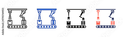 Robot Arm Assembling icon set multiple style collection