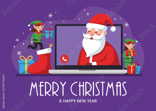 Santa Claus on a Video Call with Elves Delivering Gifts onto a Laptop, Merry Christmas and Happy New Year