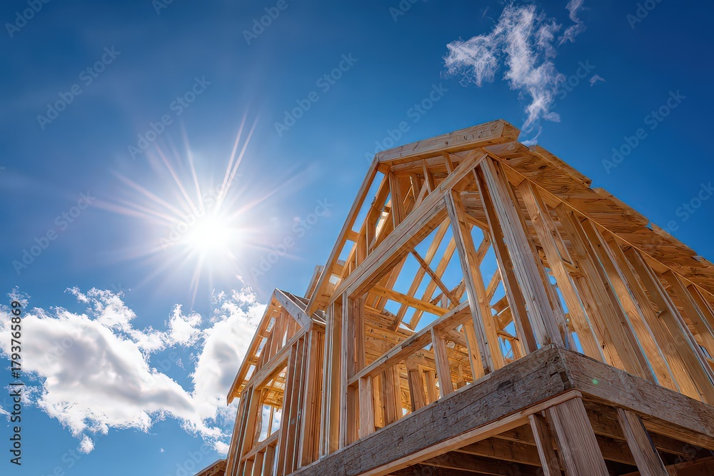 Obraz premium Wooden House Framing Construction Against a Sunny Blue Sky with Clouds and Sunburst Glimmering Light in Horizontal Composition