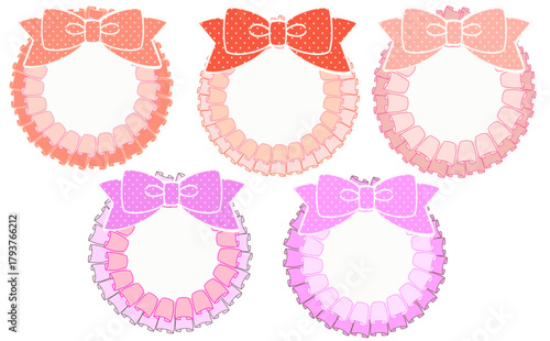 ドット柄リボン付きの丸型ピンクレースフレーム素材