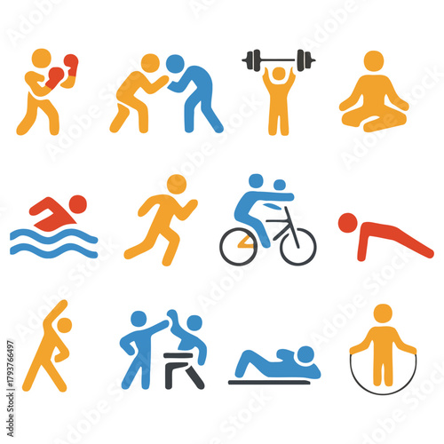 Diverse Fitness Icons: A dynamic collection of fitness icons representing various exercises and sports, ideal for health and wellness visuals.